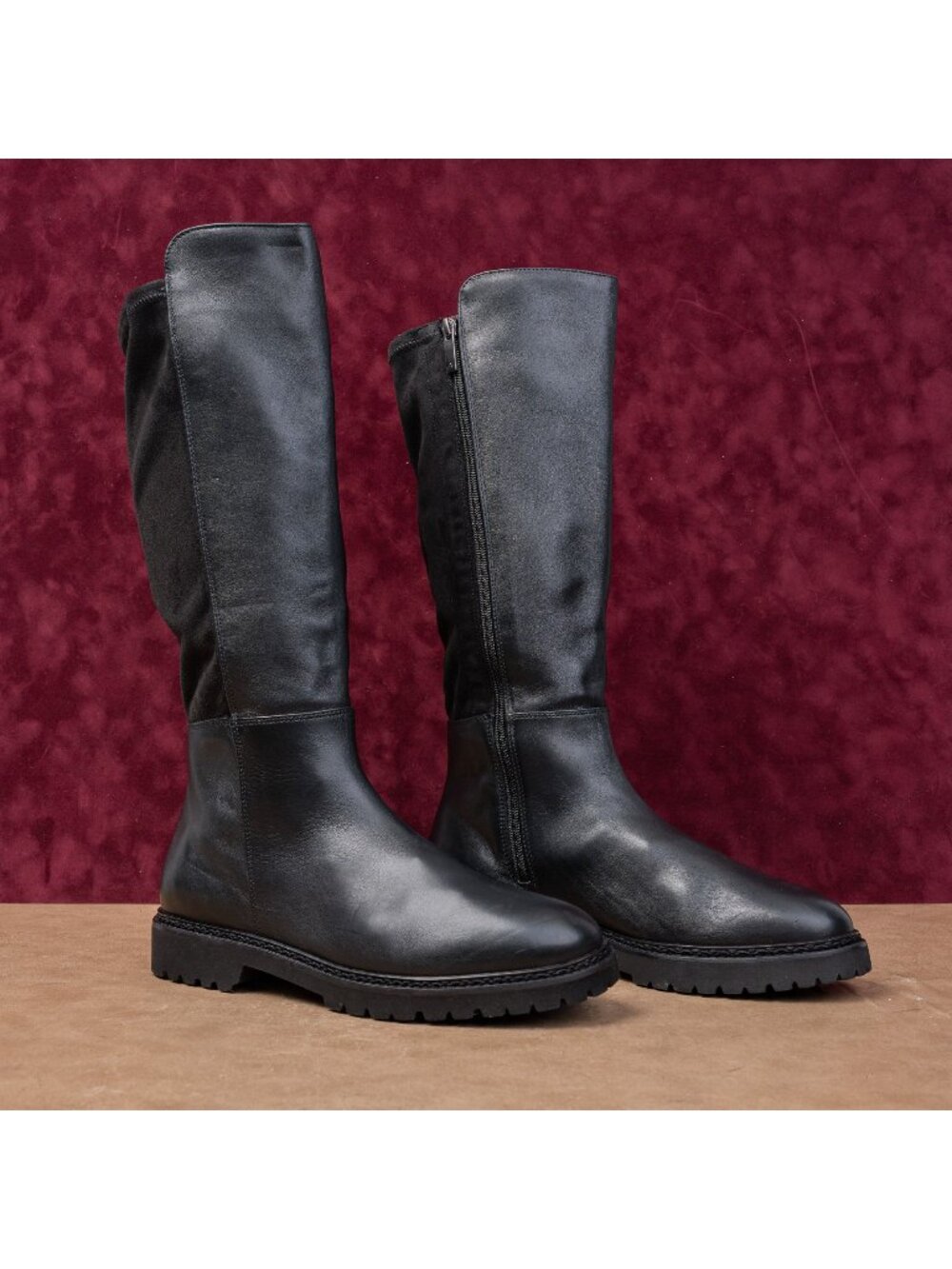 Aquatalia Wmn Mat Black Italian Leather Zip Weatherproof Riding Lug Boots 10.5